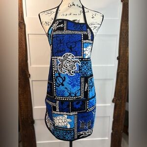 Blue Black Hawaiian Apron Sea Turtle Print 26x21.5 Island Kitchenwear